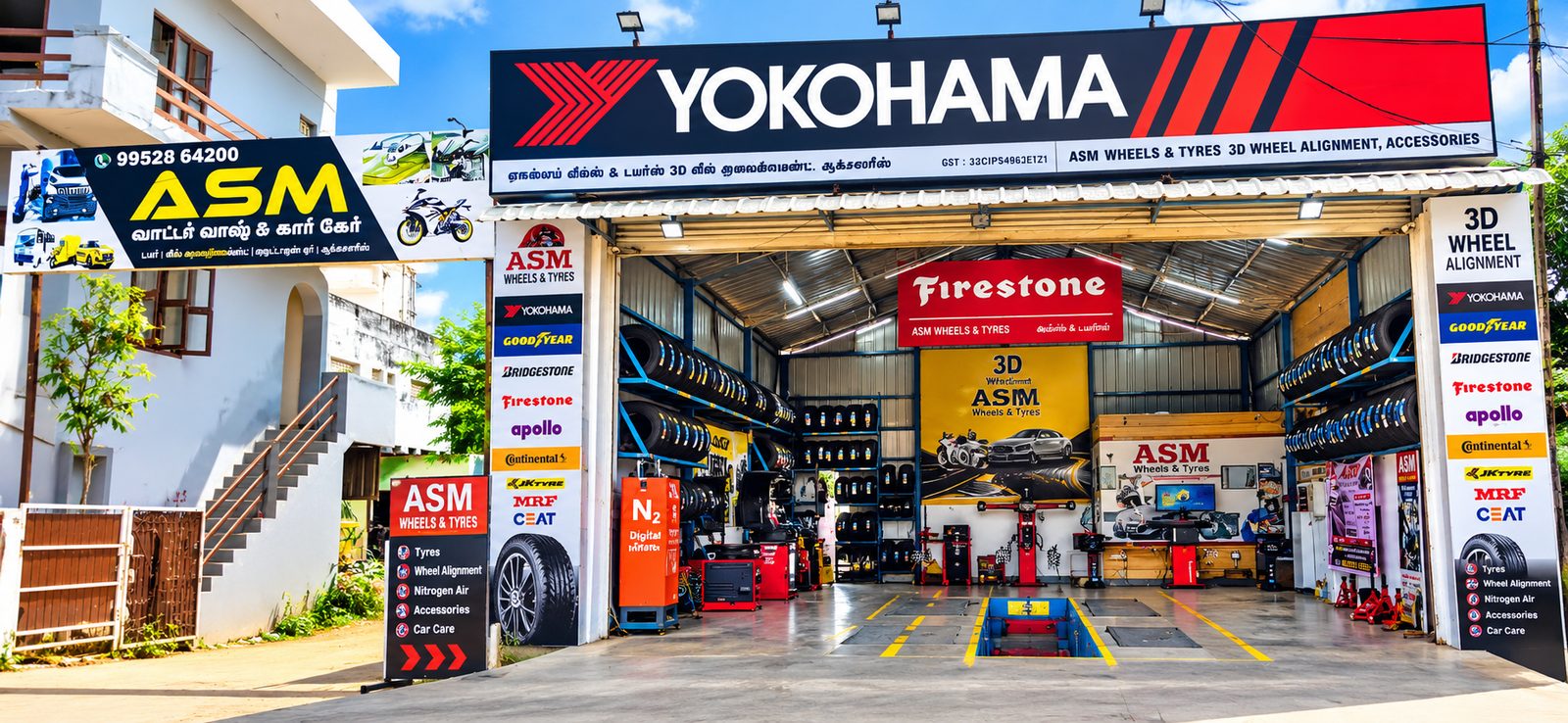 ASM Wheels & Tyres storefront on Railway Station Road, Pattukkottai, with Yokohama and ASM signage